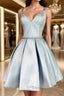 Simple blue v neck satin short prom Dress, blue homecoming Dresses