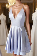 Simple blue v neck short prom Dresses, blue homecoming Dresses