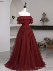 Simple Burgundy A line Long Prom Dresses, Burgundy Bridesmaid Dresses