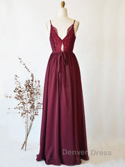 Simple burgundy chiffon lace long prom Dresses, burgundy evening Dresses