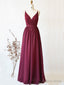Simple burgundy chiffon lace long prom Dress, cheap women Prom Dresses