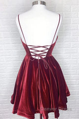Simple Burgundy Velvet Winter Formal Dresses Short V Neck Homecoming Dresses