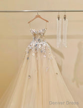 Simple Champagne A-Line Spaghetti Straps Tulle Applique Long Prom Dress Sweet Wedding Dress