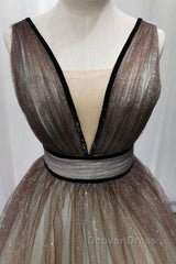 Simple Coffee tulle sequin long prom Dresses coffee evening Dresses