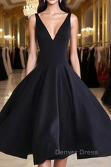Simple Cute V Neck Short Black Prom Dresses, Cute Black Homecoming Dresses, Graduation Dresses