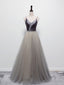 Simple Gray V Neck Tulle Long Prom Dress, Gray A Line Gray Prom Dresses