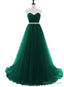 Simple Green Beaded Waist Tulle A Line Floor Length Prom Dress, Green Prom Dresses
