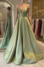 Simple green satin long prom Dress, green bridesmaid Dresses