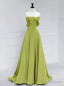 Simple Green Satin Off the Shoulder Pleats Prom Dresses