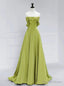 Simple Green Satin Off the Shoulder Pleats Prom Dress
