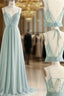 Simple Green V Neck Chiffon Lace Long Prom Dress Lace Bridesmaid Dresses