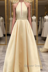 Simple Halter Yellow Satin Long Prom Dresses 2019, Yellow Formal Dresses Long Evening Dresses