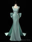 Simple hydra Satin Bow Tie Green Long Prom Dress, Green Long Prom Dresses