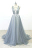 Simple Lace A Line Tulle Long Prom Dresses With A Train