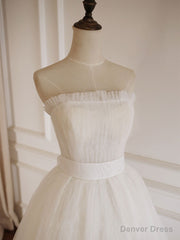 Simple Lace Tea Length White Prom Dress, Tulle Lace Bridesmaid Dress