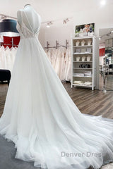 Simple Long V-neck Sequins Ruffles A-line Tulle Backless Wedding Dresses