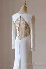 Simple Mermaid V Neckline Satin Ivory Long Sleeves Wedding Dresses