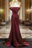 Simple Off Shoulder Burgundy Long Prom Dresses, Burgundy Long Formal Dresses