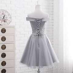 Simple Off Shoulder Grey Tulle Applique Bridesmaid Dresses, Knee Length Formal Dresses, Party Dresses