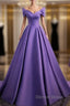 Simple Off Shoulder Satin Purple Long Prom Dresses Court Train Dresses Evening Dresses
