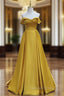 Simple Off Shoulder Satin Yellow Long Prom Dresses, Yellow Long Formal Dresses