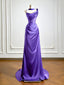 Simple One Shoulder Satin Sweep Train Purple Prom Dresses