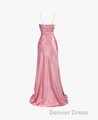 Simple Pink Spaghetti Straps Long Prom Dresses with Split