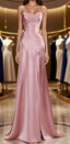 Simple Pink Spaghetti Straps Long Prom Dresses with Split