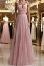 Simple pink tulle long prom Dresses pink tulle evening Dresses