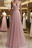 Simple pink tulle long prom Dress pink tulle Prom Dresses