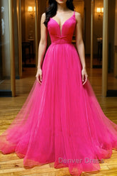 Simple pink v neck tulle long prom Dresses pink formal Dresses