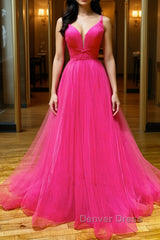 Simple pink v neck tulle long prom Dresses pink formal Dresses