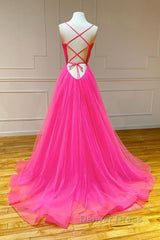 Simple pink v neck tulle long prom Dresses pink formal Dresses