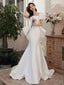 Simple Puff Sleeves Satin Mermaid White Long Prom Dress, White Long Prom Dresses