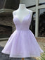 Simple Purple V Neck Tulle Short Prom Dress, Purple Homecoming Dresses