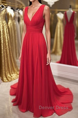 Simple Red V Neck and V Back Chiffon Long Prom Dresses, V Neck Red Long Evening Dresses, Red Formal Dresses, Graduation Dresses