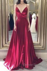 Simple red v neck satin long prom Dresses, red evening Dresses