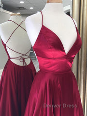 Simple red v neck satin long prom Dresses, red evening Dresses