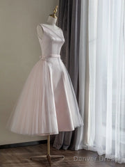 Simple Round Neck Satin Short Prom Dress, Pink Tulle Bridesmaid Dress
