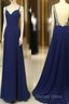 Simple Royal Blue Long Prom Dresses, Backless Evening Dresses