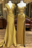Simple Satin Gold Long Prom Dresses, Gold Satin Long Formal Dresses