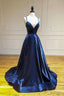 Simple Satin Long A Line Prom Dress, Blue Spaghetti Strap Prom Dresses