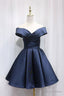 Simple Satin Short Prom Dress, Off Shoulder Blue Prom Dresses