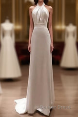 Simple Sheath Satin White Long Wedding Dresses Backless Brides Dresses