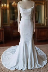Simple Spaghetti Straps Satin Mermaid Ivory Wedding Dresses Bridal Gown