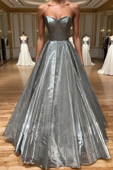 Simple sweetheart neck gray satin long prom Dresses gray formal party Dresses