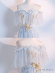 Simple Tulle Lace Gray Blue Prom Dresses, Tea Length Lace Bridesmaid Dresses