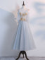 Simple Tulle Lace Gray Blue Prom Dress, Tea Length Lace Bridesmaid Dresses