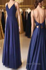 Simple V Neck Backless Blue Long Prom Dresses, V Neck Blue Formal Evening Dresses, Blue Graduation Dresses