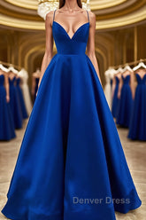 Simple V Neck Backless Royal Blue Satin Long Prom Dresses, Royal Blue Backless Formal Dresses, Royal Blue Evening Dresses, Ball Gown